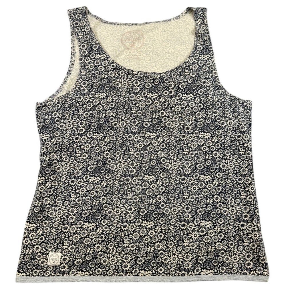 Native Youth Navy Cream Floral Daisy Print Tank Top Scoop Neck Chest Pocket XL‎